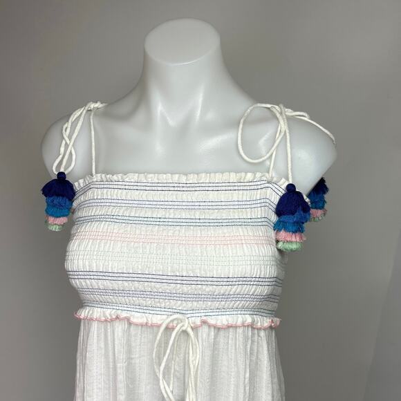 Playa Lucila White Smocked Tassel Spaghetti Strap Tiered Ruffle Maxi Dress Sz XS - Picture 6 of 12